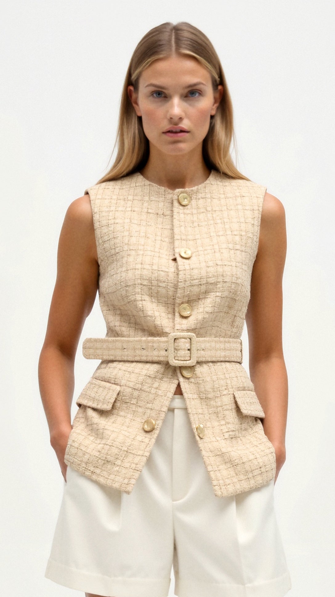 Julija - Teksturiran Brezrokavnik v Bež Barvi