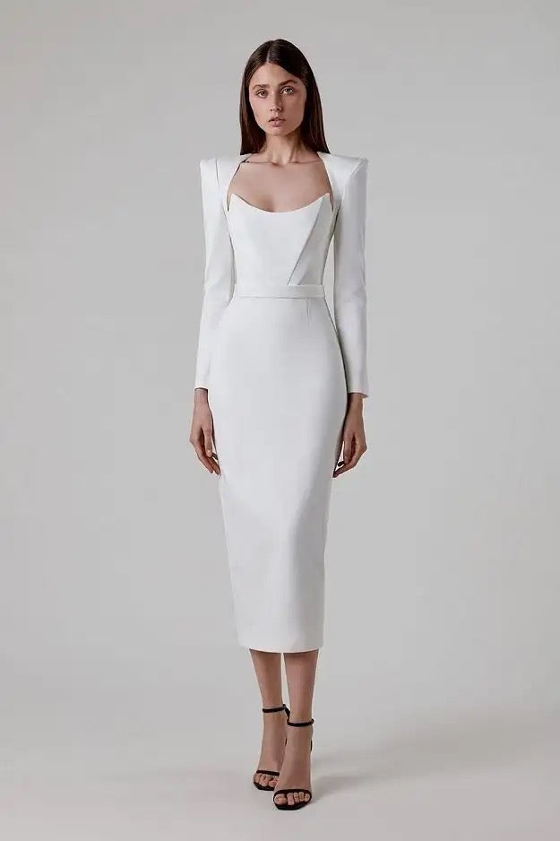 Špela - Midi Obleka s Poudarjenimi Rameni