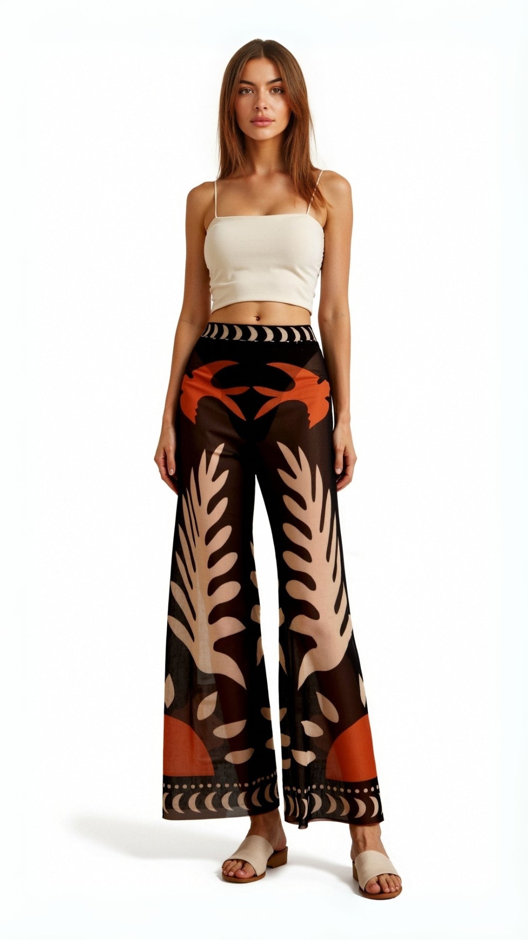 Ema - Boho Široke Hlače s Tropskim Motivom