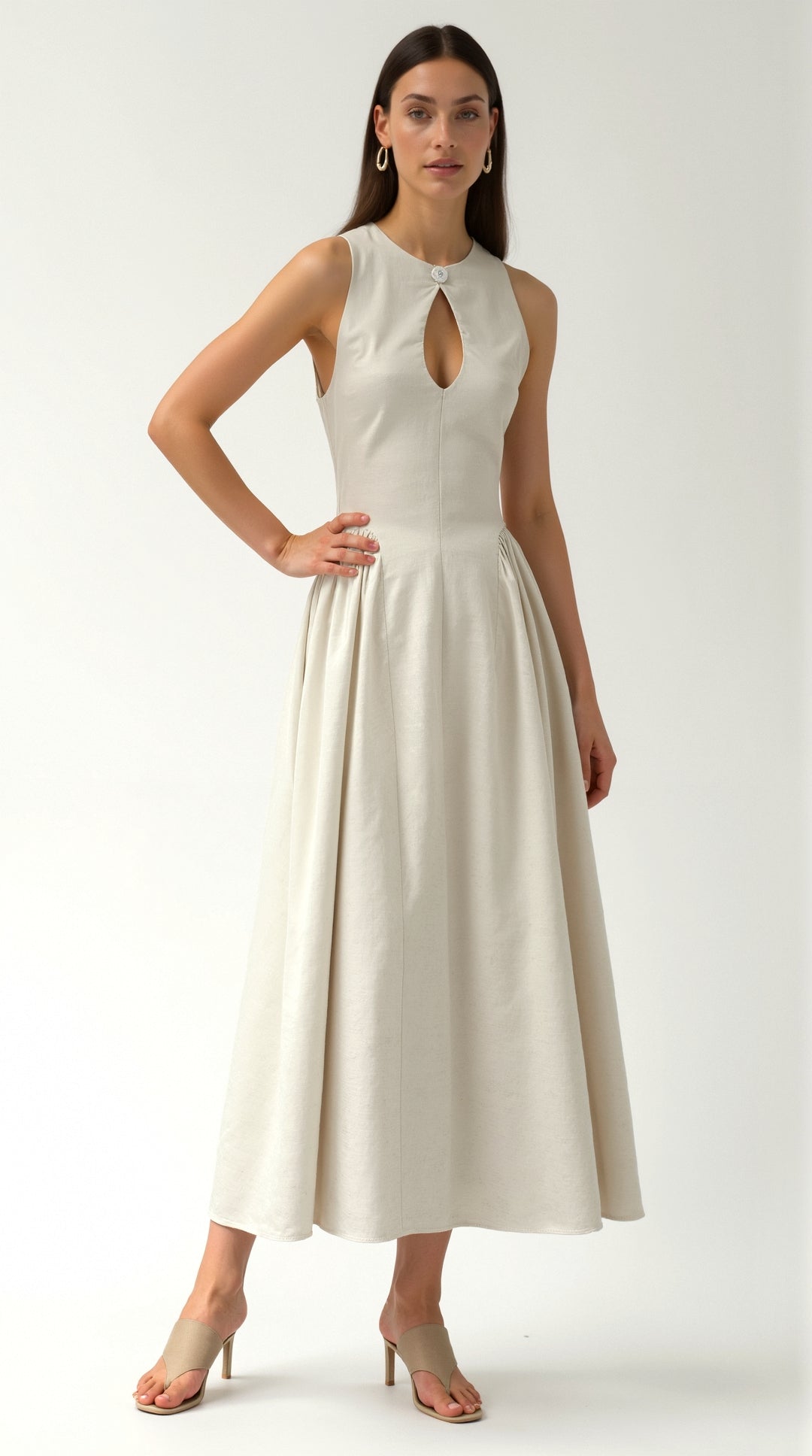 Alexandra Zračni Laneni Oblek z Izrezi" can be rewritten as "Alexandra Zračni Laneni Oblek s Cut-Out Detajli.